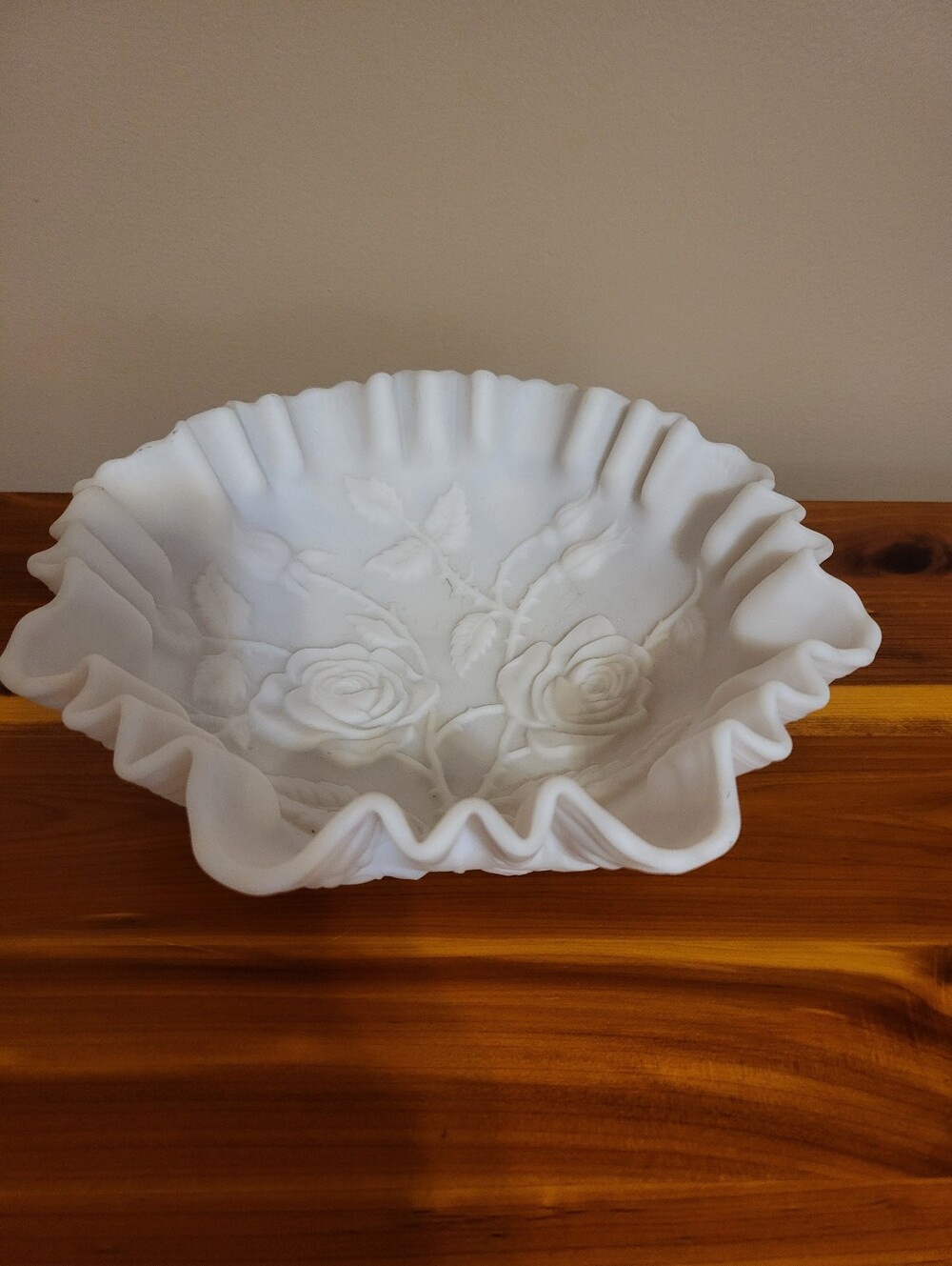 Ruffled 3 x 9 Inch White Milk Glass Bowl with Rose Relief